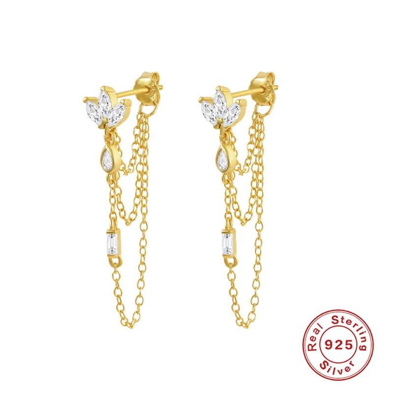 Sterling Silber Drop und Diamond Stacking Tassel Chain Stud Ohrringe