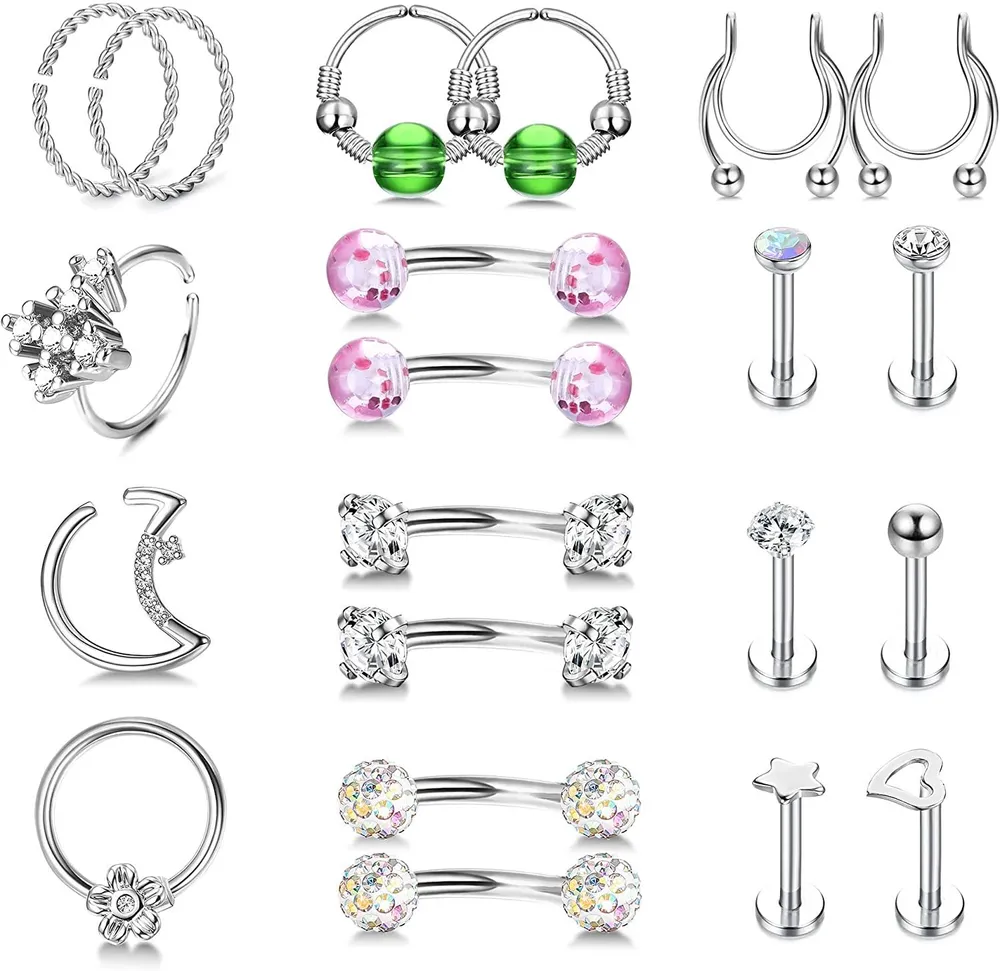 21Pcs Rook Daith Piercing 316L Edelstahl 20g Knorpel Tragus Ohrringe Schleife 16g gebogen Barbell Augenbrauen Ringe Labret Stud Nasen Septum Lippe Helix Piercing für Frauen