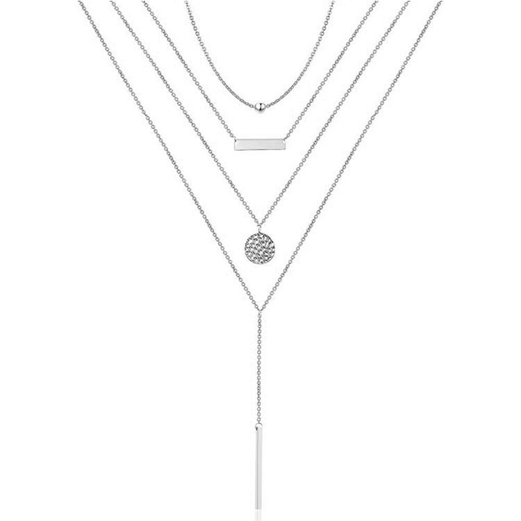 Layered Choker Halskette; Handgefertigt 14K Gold Plated Y Anhänger Halskette Multilayer Bar Disc Halskette Verstellbare Schichten Choker Halskette für Frauen