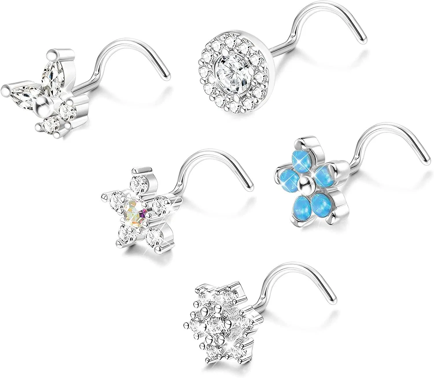 5pcs 20G Nasenstöcke Blume Schmetterling Nasenringe Schraube S-geformte Nasenringe Stud süße Nasenringe für Frauen Männer