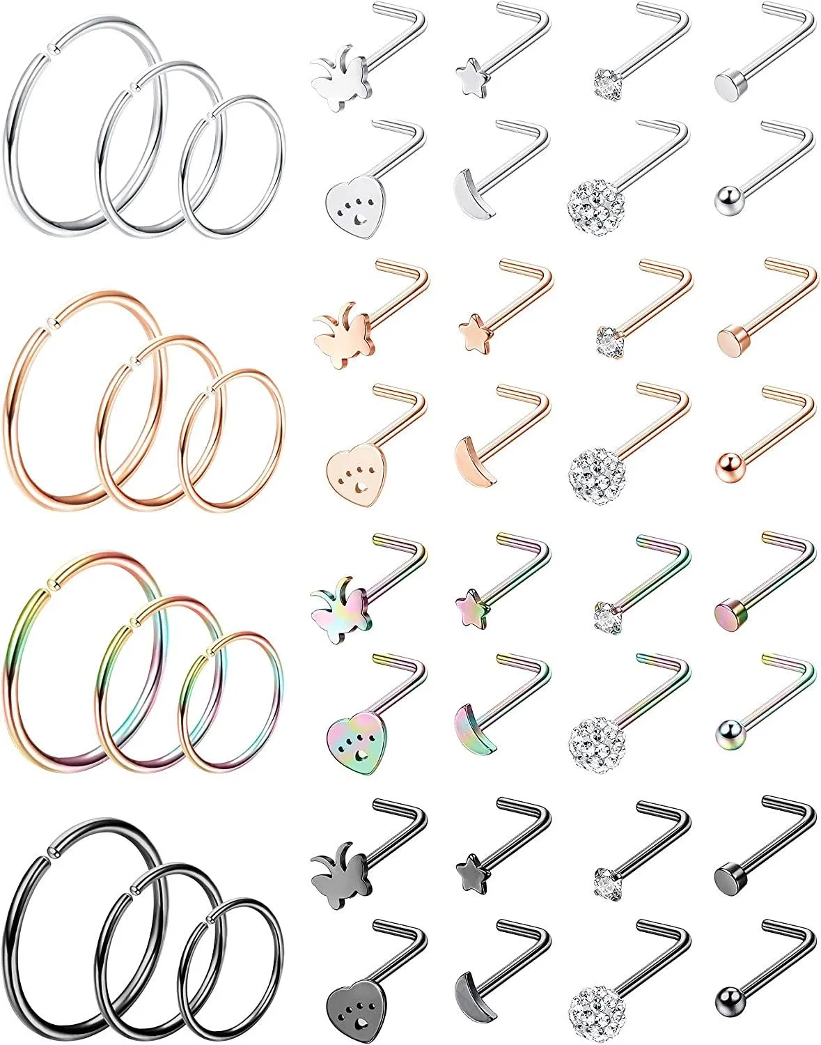 44PCS 20G Nasenring Studs Chirurgische Stahl Nasenringe L-Form Schleife Nasenring Set Herz Schmetterling CZ Eingeliederte Piercing Schmuck für Frauen Männer