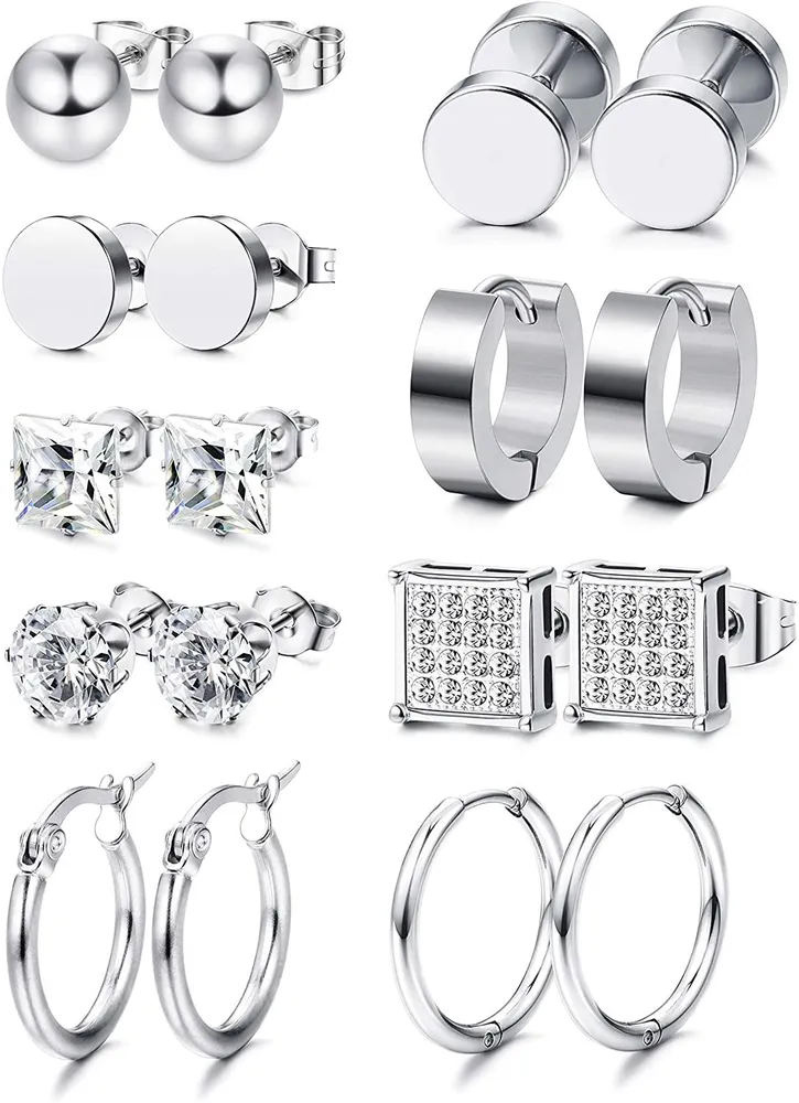 9 Pairs Edelstahl CZ Stud Ohrringe für Frauen Mens Hoop Huggie Ohrringe Ohr Piercing Ohrringe Set