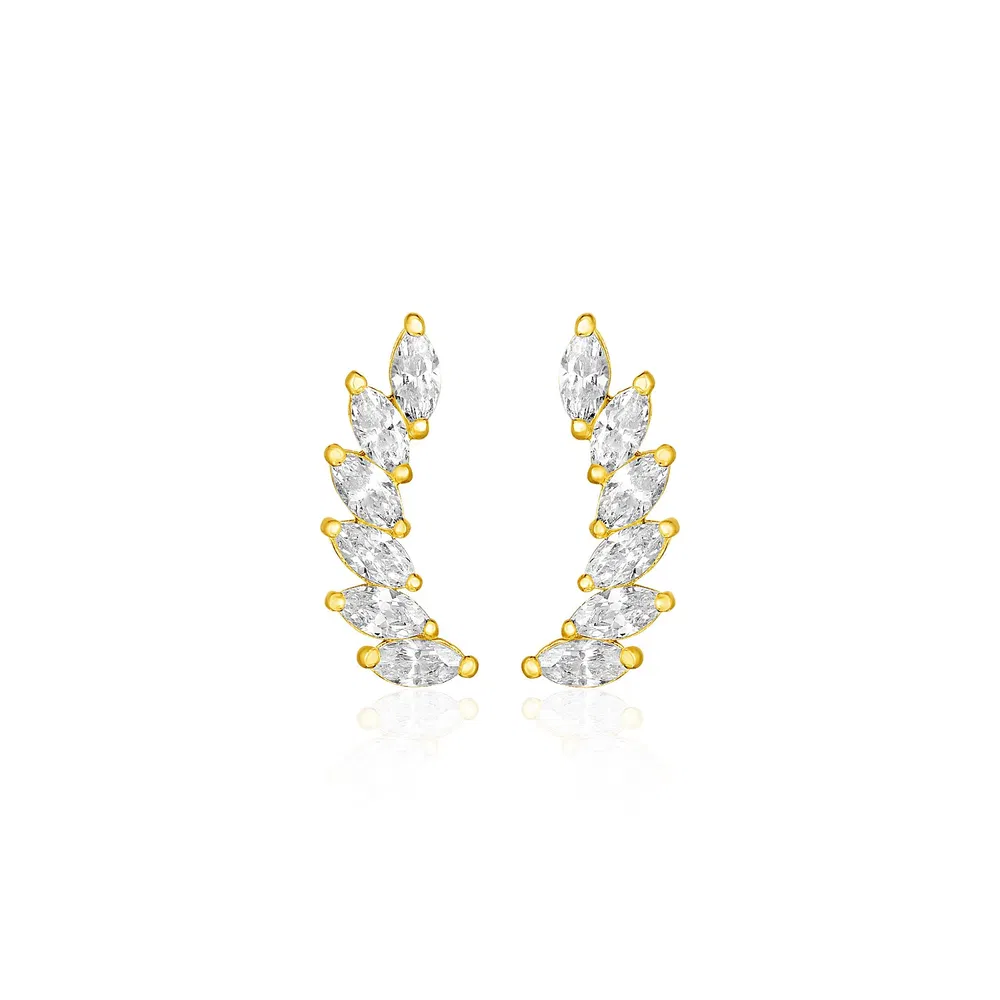 14K Gelbgold Blatt Motif Kletterer Post Ohrringe mit Marquise Cubic Zirkonias