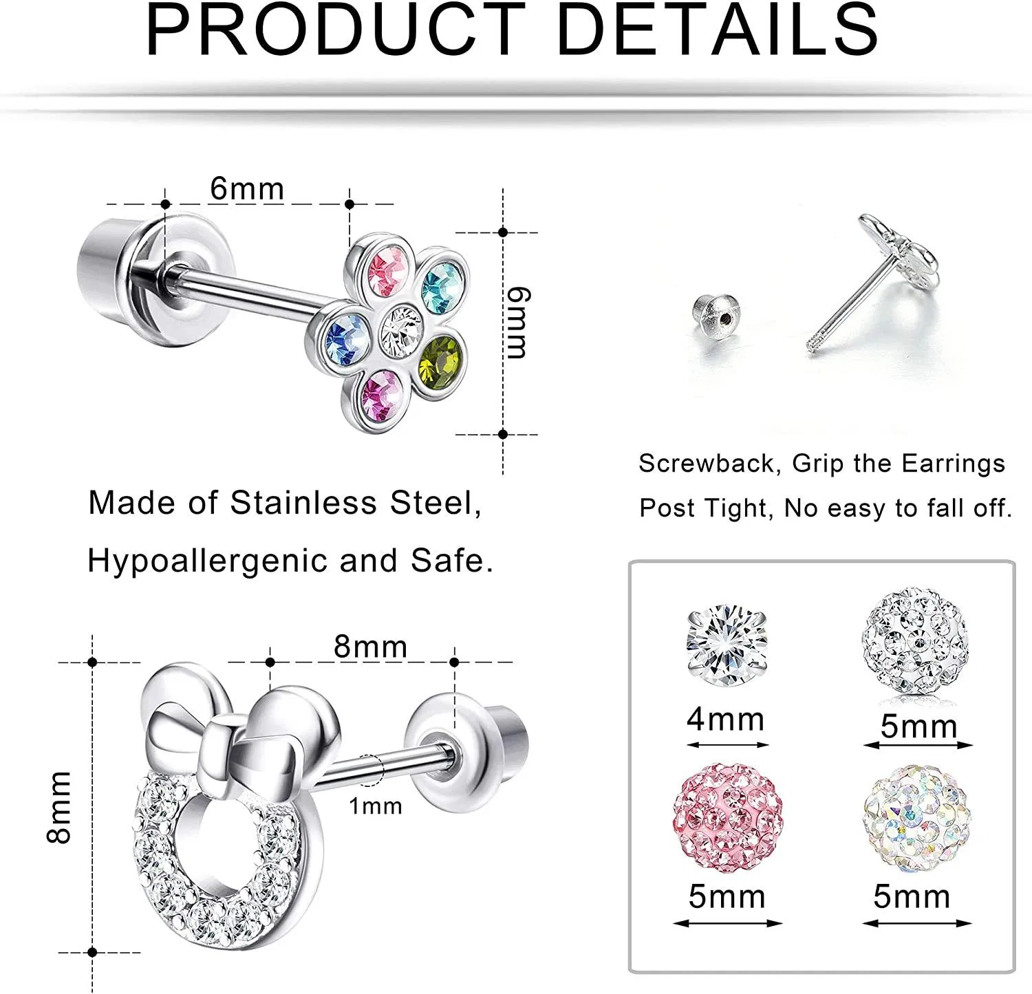 Schrauben Rücken Ohrringe für Frauen Teens Daisy Maus Ohrringe Stud CZ Edelstahl Ohrringe Set Piercing Knorpel