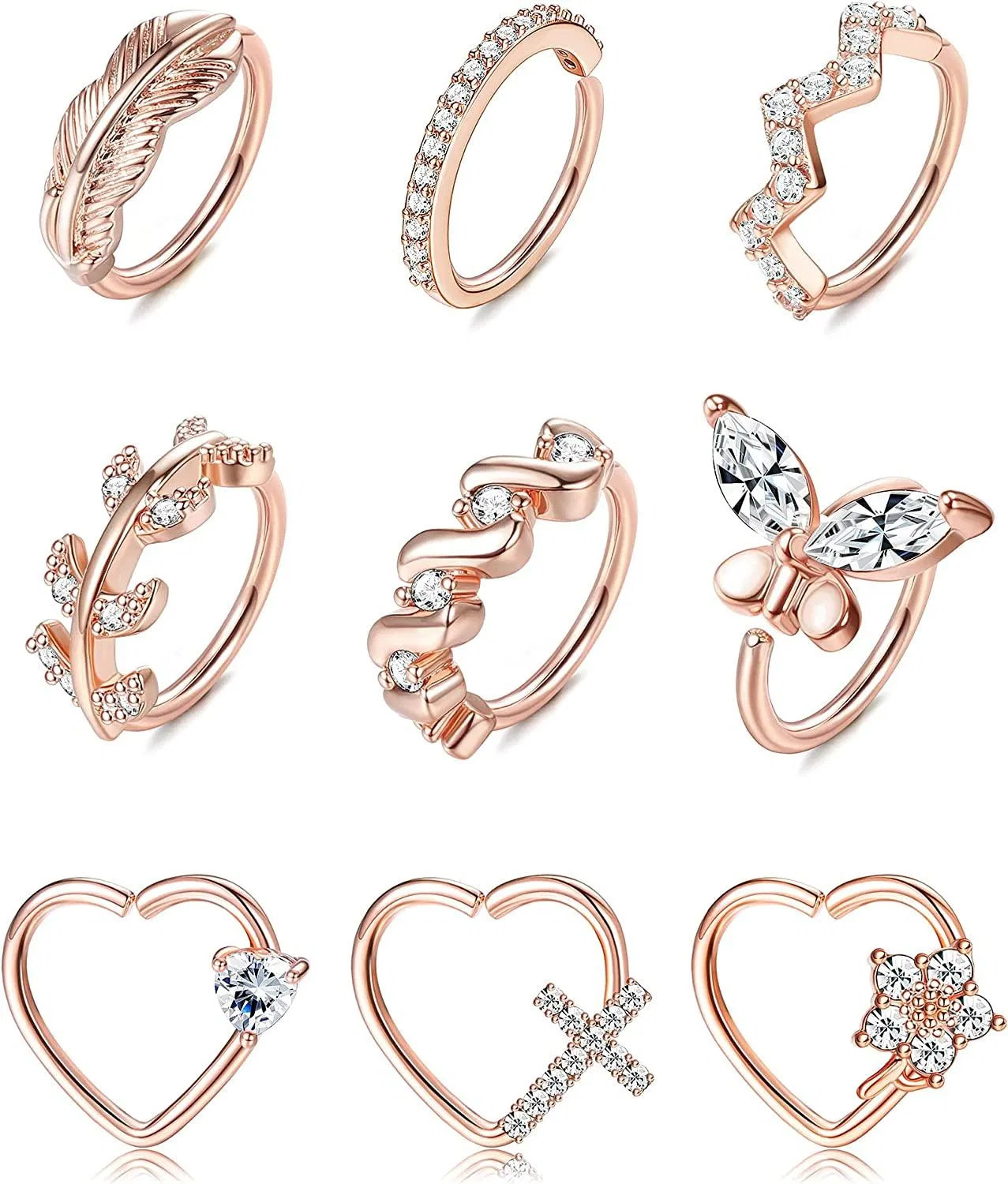 9Pcs 20G Nasenring Schleife Edelsteinpflastert CZ Herz geformte Daith Rook Tragus Knorpel Ohrringe Nasen Piercing für Frauen Männer