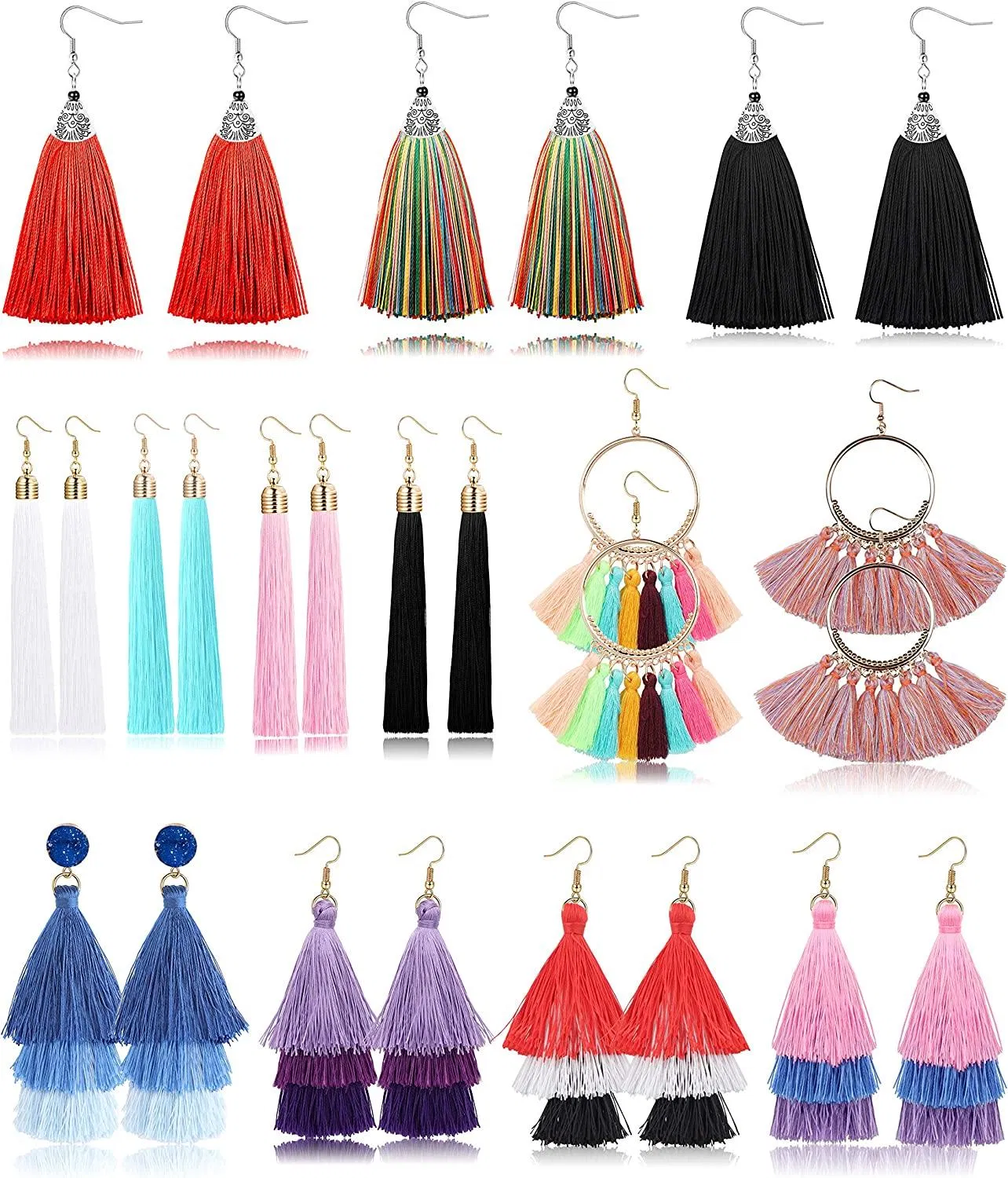 13 Paare Tassel Ohrringe Schichtfarbenen langen Thread Ball Dangle Drop Ohrringe Bohemian Tiered Fringe Ohrring Set für Frauen Mädchen