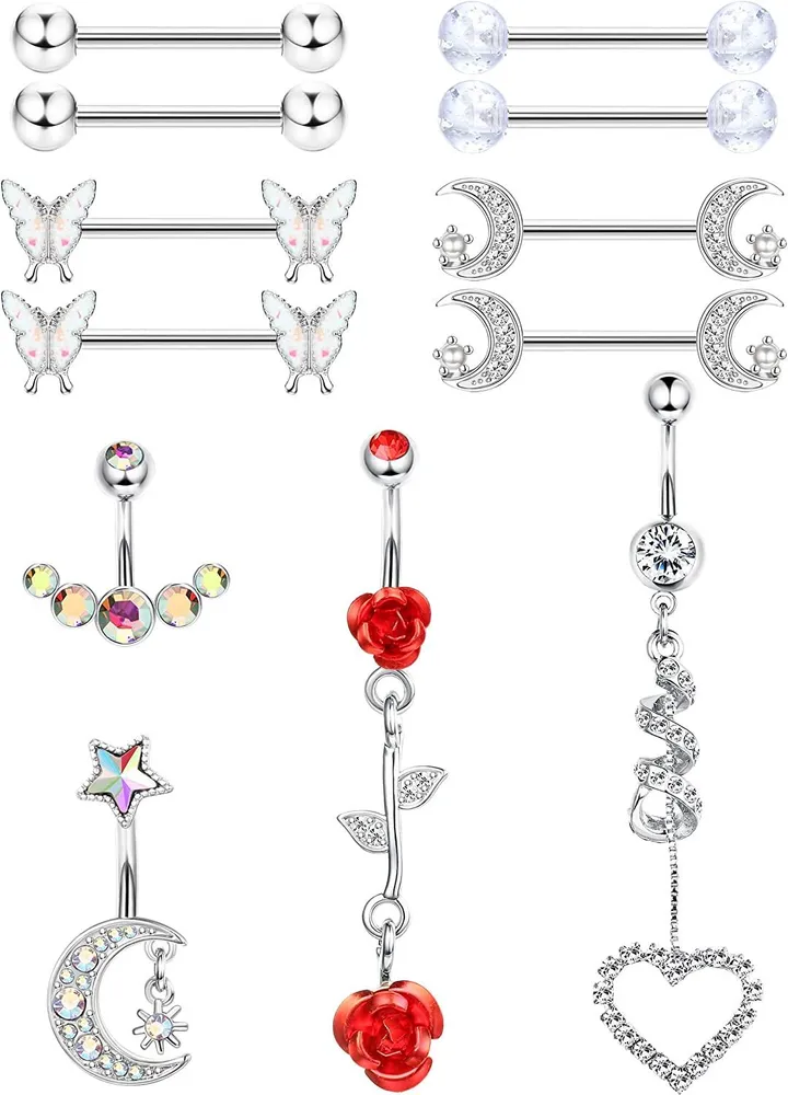 12 Stück 14G Chirurgische Nipple Ringe Bauchknopfringe für Frauen Nabel Nipple Set Schmetterling Nipple Ringe CZ Mond Bauchringe Barbell Nipple Piercing Schmuck
