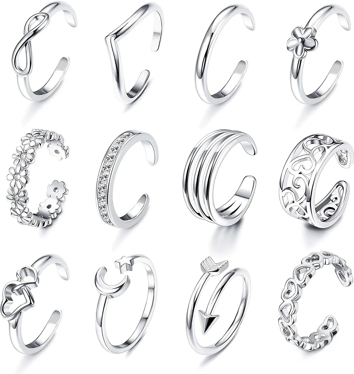12pcs verstellbare Zehenringe für Frauen offene Zehenringe Set Pfeil Blumenknoten Herz CZ Zehenring Schwanz Ring Geschenke Set hypoallergen Sommer Strand Fuß
