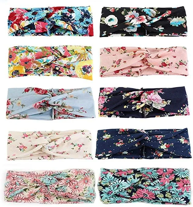 10 Pack Baumwolle Vintage Printing Headband für Frauen Mädchen Twisted Cute Flower Hairband Stretch Bohemian Winded Headband Yoga Sports Run