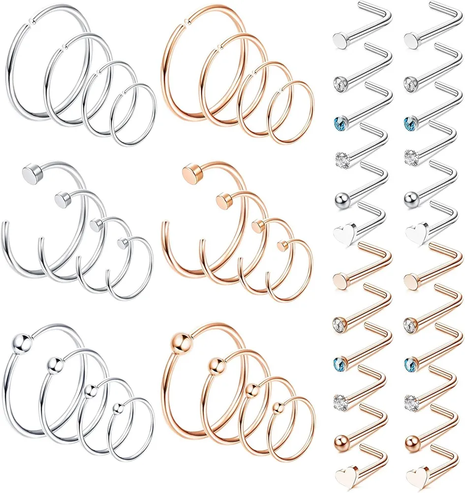 48Pcs 20G Nasenringe Hoop 316L Edelstahl-Nasenringe Studs Pin Knochen Gerade Schraube L-Form Nasen Studs Ringe Nasen Piercing Schmuck