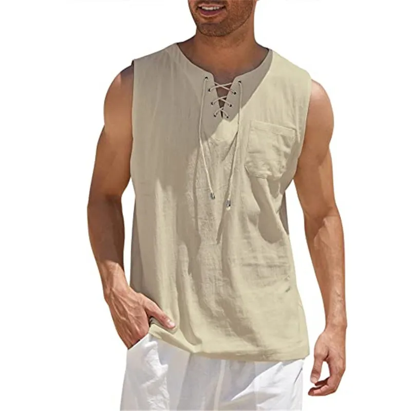 Männer Baumwolle Linen Tank Top Shirts Casual Sleeveless Lace Up Beach Hippie Tops