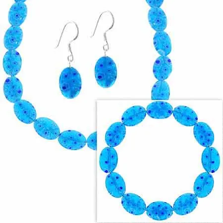 Sterling Silber Murano Glas Aqua Blau Oval Millefiori Armband Ohrringe und Halskette Schmuckset