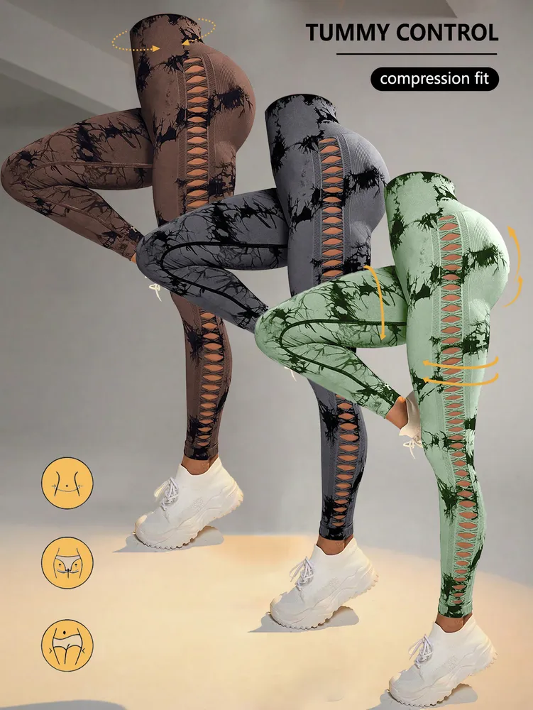 3 Pack Damen Tie-Dye Cutout Yoga Pants High-Waisted Leggings Damen Tie-Dye Leggings,, Leggings Frauen High Waisted Seamless Workout Leggings Gym Booty Tights Tummy Control Yoga Pants