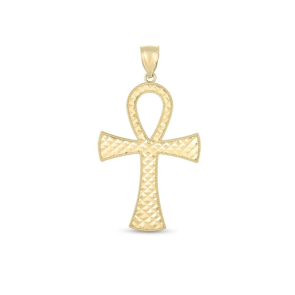 14 Karat Gelbgold High Polish Textured Ankh Anhänger