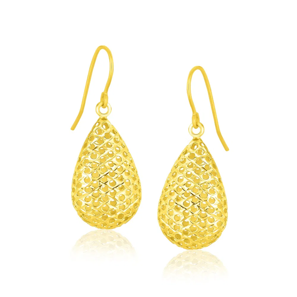 14K Gelbgold Honigwaben Textur Große Tränentropfen Drop Ohrringe
