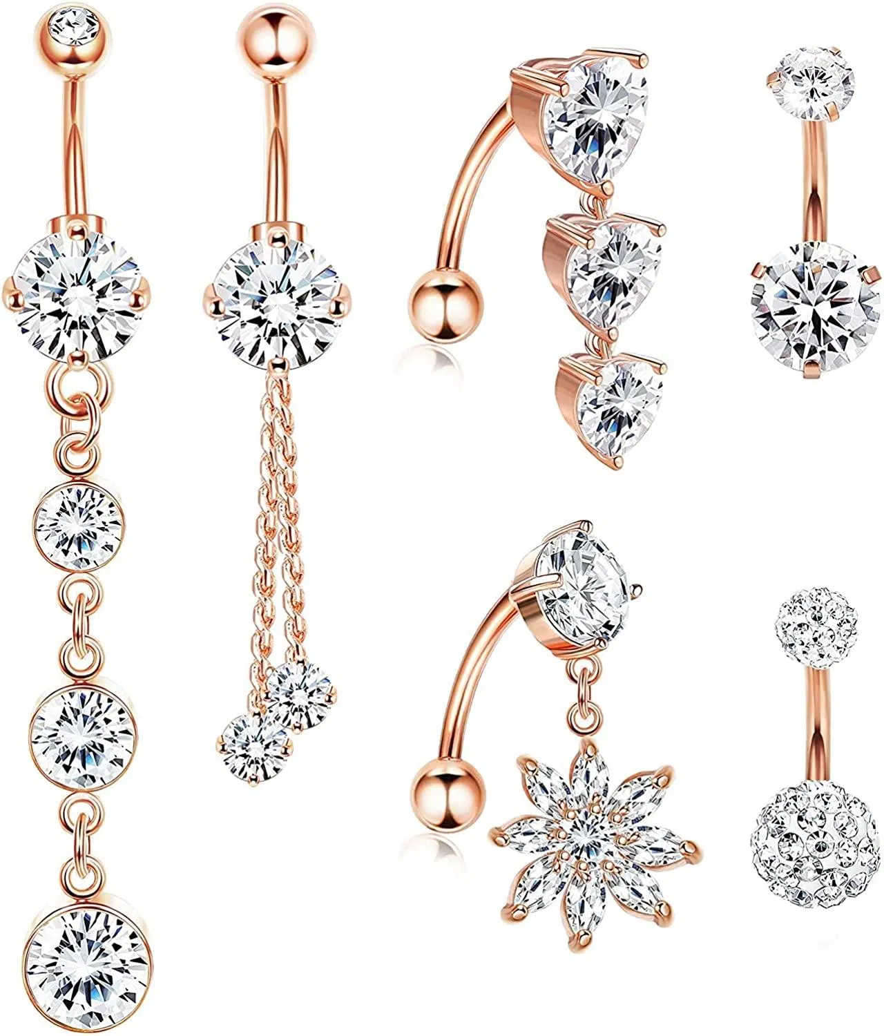 14G Bauchknopfringe für Frauen Süße Kubik Zirkonia Nabelring Piercing Chirurgische Bauch Piercing Long Dangle Kurze Umkehr Bauchknopfringe Set Körper für Frauen