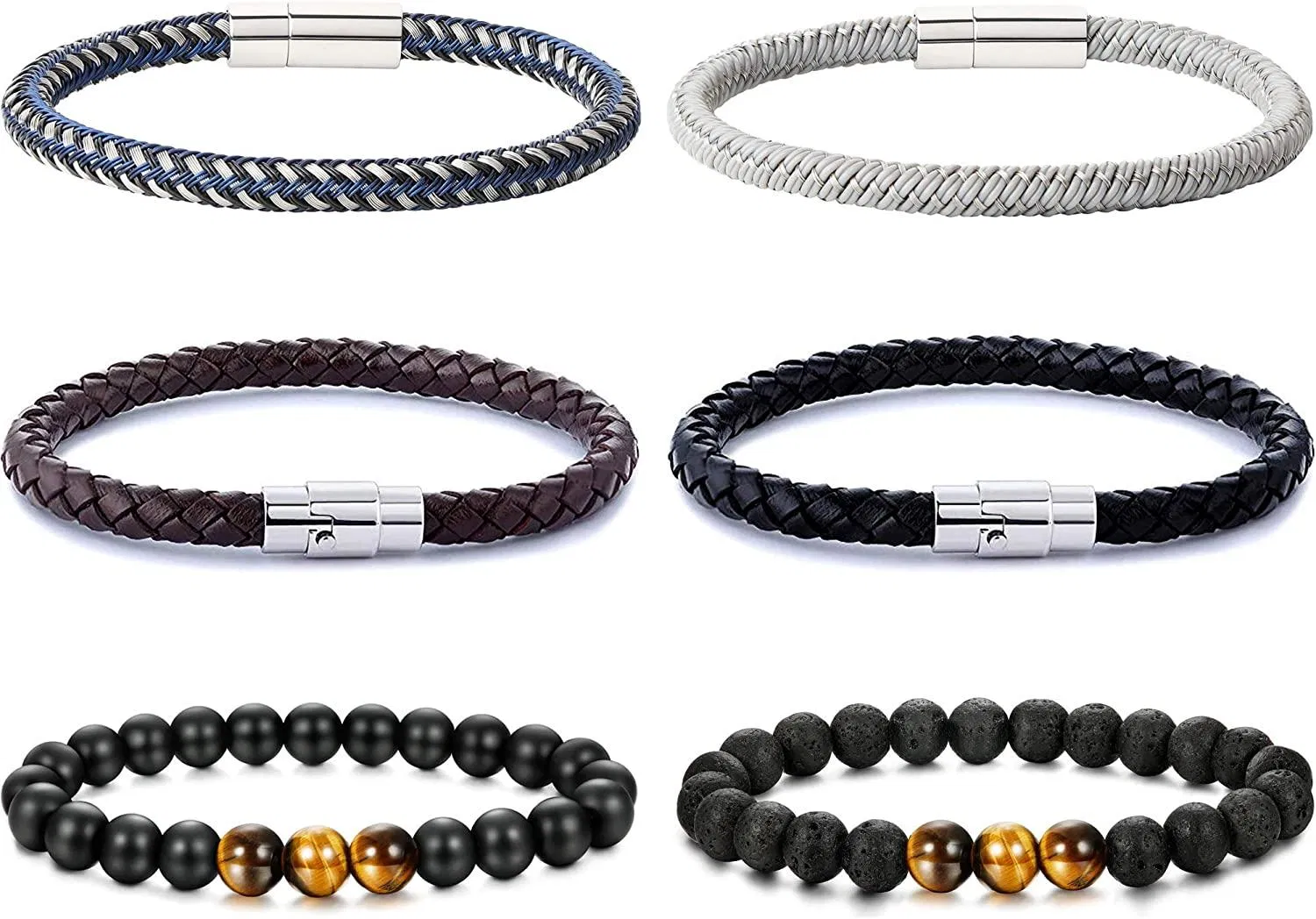 Tiger Eye Lava Rock Stone Yoga Armband Armband für Männer Frauen Edelstahl geflochten Leder Armband mit magnetischem Schloss 8 Zoll Packung von 6