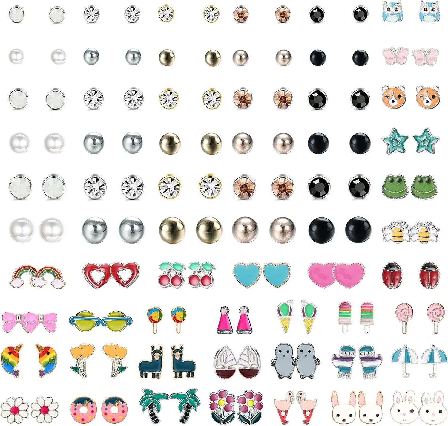 63 Paare süße Post Edelstahl Stud Ohrringe Set für Frauen Teenager Assorted Kaninchen Schmetterling Regenbogen Unicorn süße Ohrringe Bulk