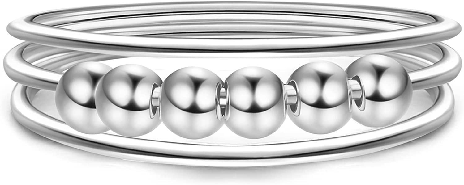 925 Sterling Silber Fidget Ringe mit Perlen Spinner Ringe 18K Weißgold Plated Stress Relief Anti-Angst Ringe für Frauen Mädchen Größe 9