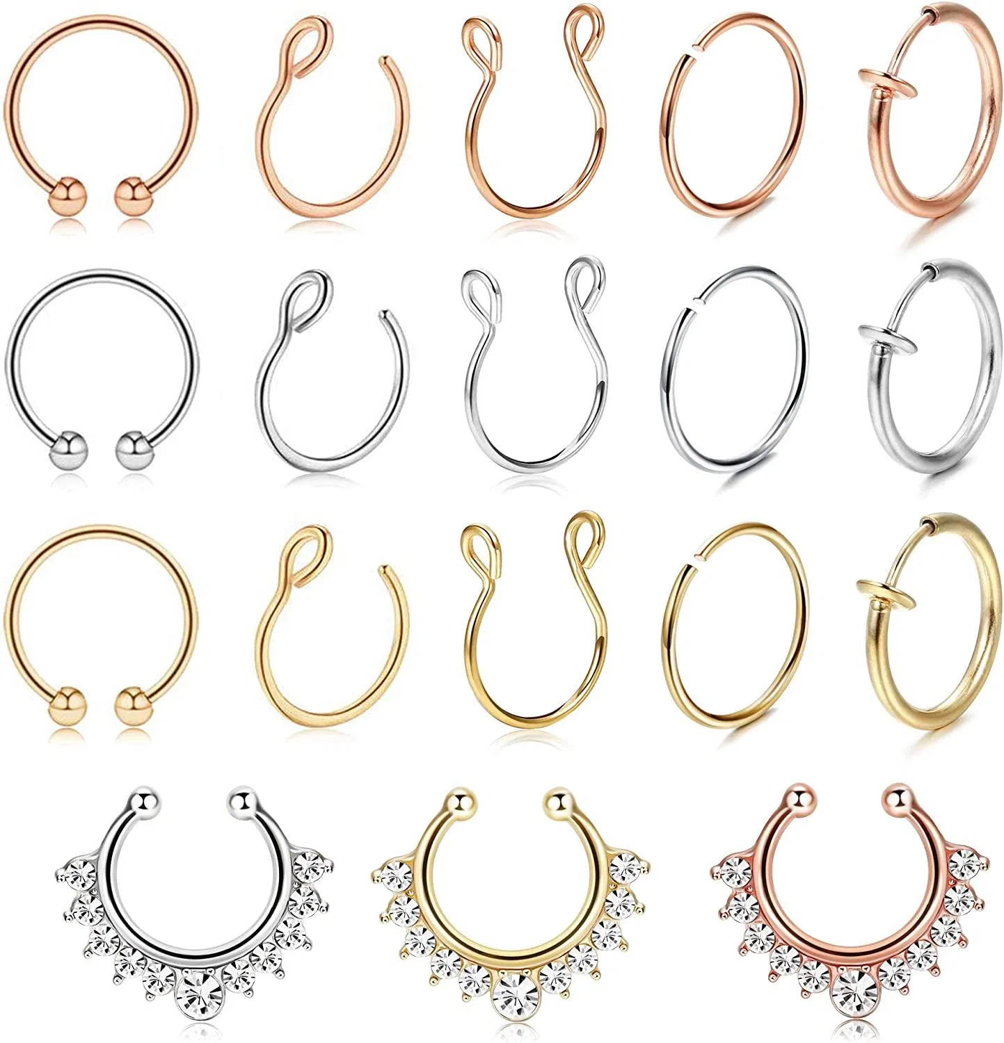 18 Pcs Fake Nasen Ringe Hoop für Frauen Männer Gesicht Lippenringe Clip auf Frühling Ohrringe Nase Hufeisen Ring Edelstahl Fake Piercings Septum Nasen Ring