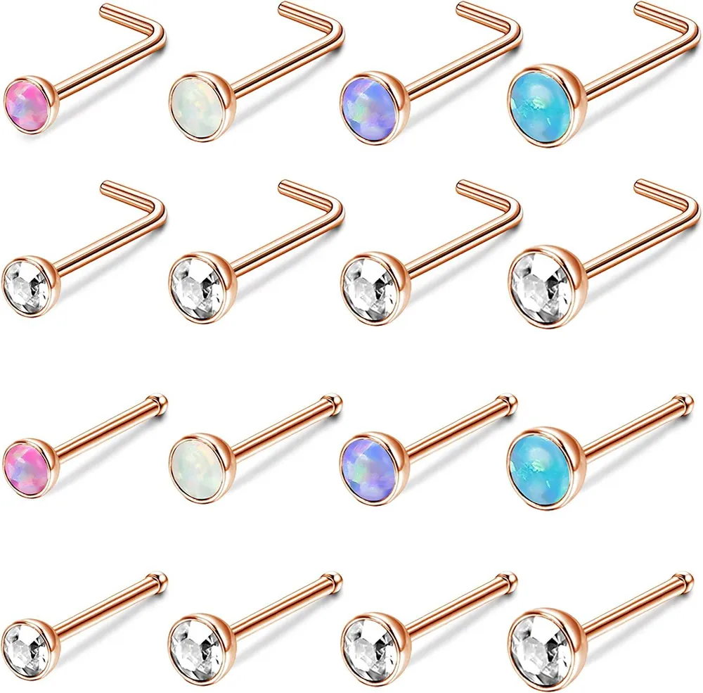 16Pcs 20G Nasenringe Studs Edelknochen L-geformte Nasen Piercings Set 1.5mm 2mm 2.5mm 3mm Opal & Clear CZ Nasenringe für Frauen Männer