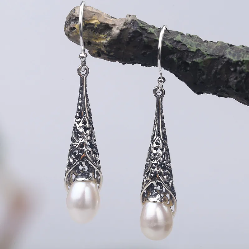 925 Sterling Silber Ohrringe Barock Langes Perlen Ohrringe Thai Silber Vintage Ohrringe
