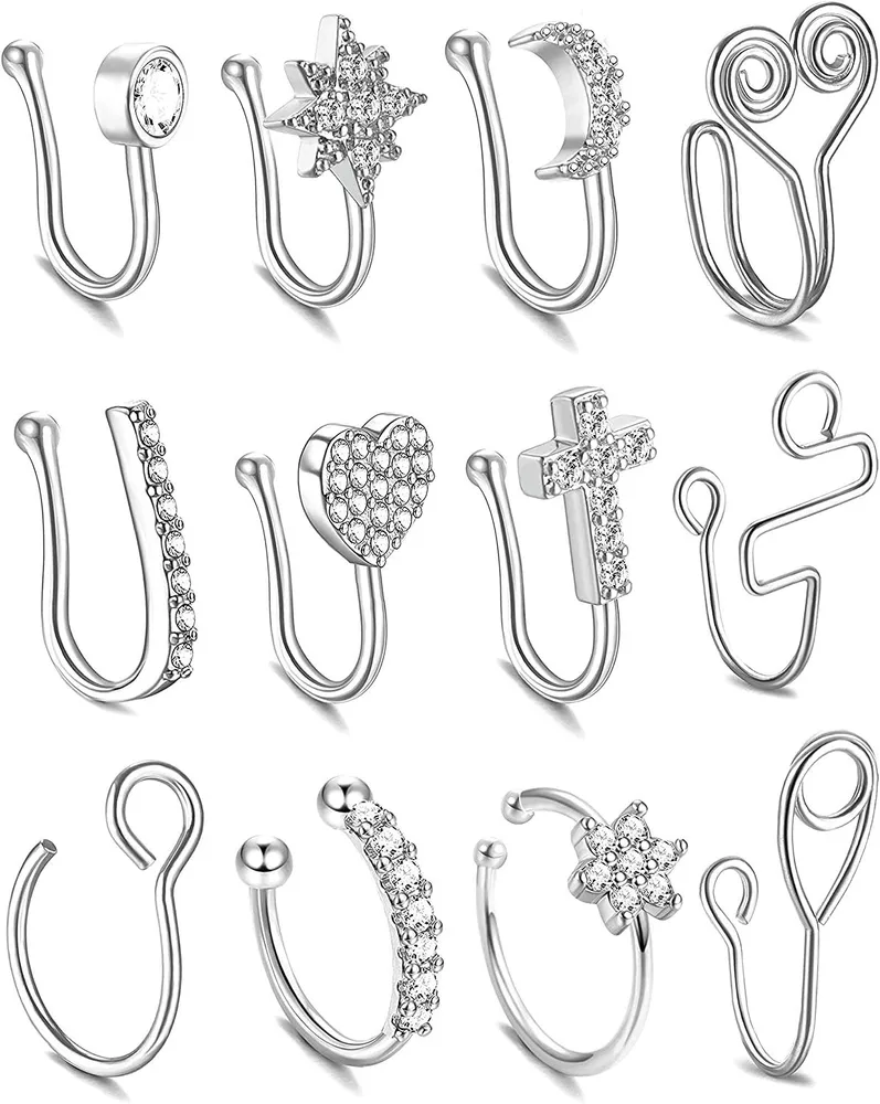 12Pcs Falsche Nasenringe Schleife Eingezogen CZ Nasen Manschette Nicht Piercing für Frauen Männer Clip auf Nasenringe CZ Flower Cross Faux Nasen Piercings Schleife Hypoallergen