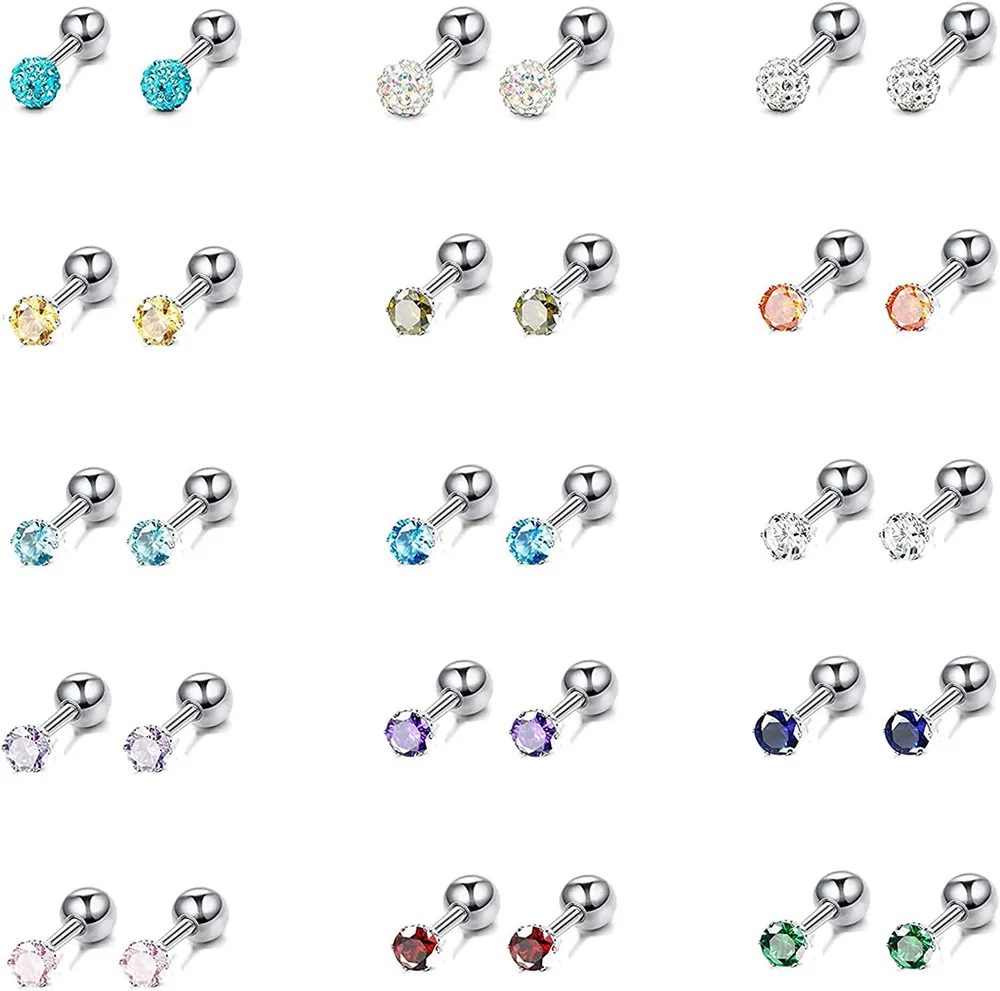 15 Paare Stud Ohrringe für Frauen Mädchen Helix Knorpel Ohrringe Edelstahl Ohrringe CZ Ball Multicolor Glanz Cubic Zirkonia Stud Ohrringe Piercing Ohr-Stows Screwback Ohrringe Set