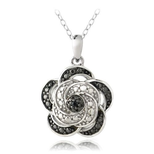 Sterling Silber Schwarz Diamant Akzent Blumen Halskette