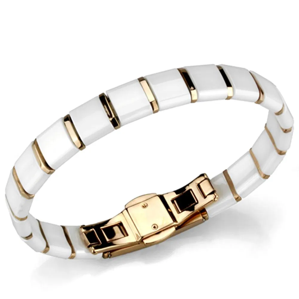 3W987 - IP Rose Gold (Ion Plating) Edelstahl Armband mit Keramik in Weiß