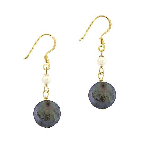 18 Karat Gold über Sterling Silber Frischwasser kultiviert Pfauen & Weiße Münze Pearl Dangle Ohrringe