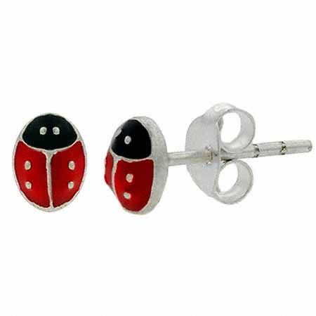 Sterling Silber kleine rot und schwarze Emaille Ladybug Mini Kid Ohrringe