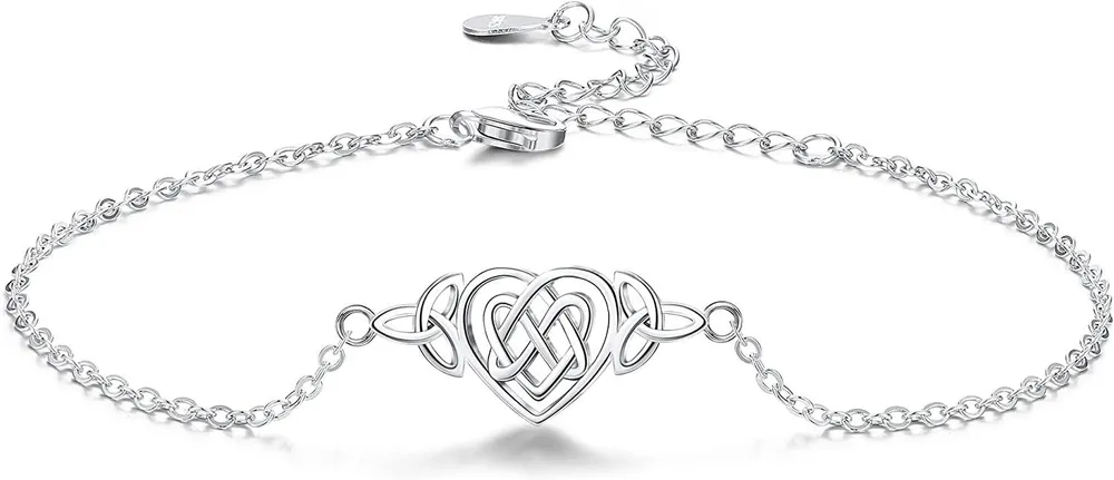 Strandknoten für Frauen Sterling Silber Lucky Love Knotenknoten Armband Adjustable Chain Hallow Irish Triquetra Celtic Knoten 925 Sommer Herz Knöchel 8,7'' +2''