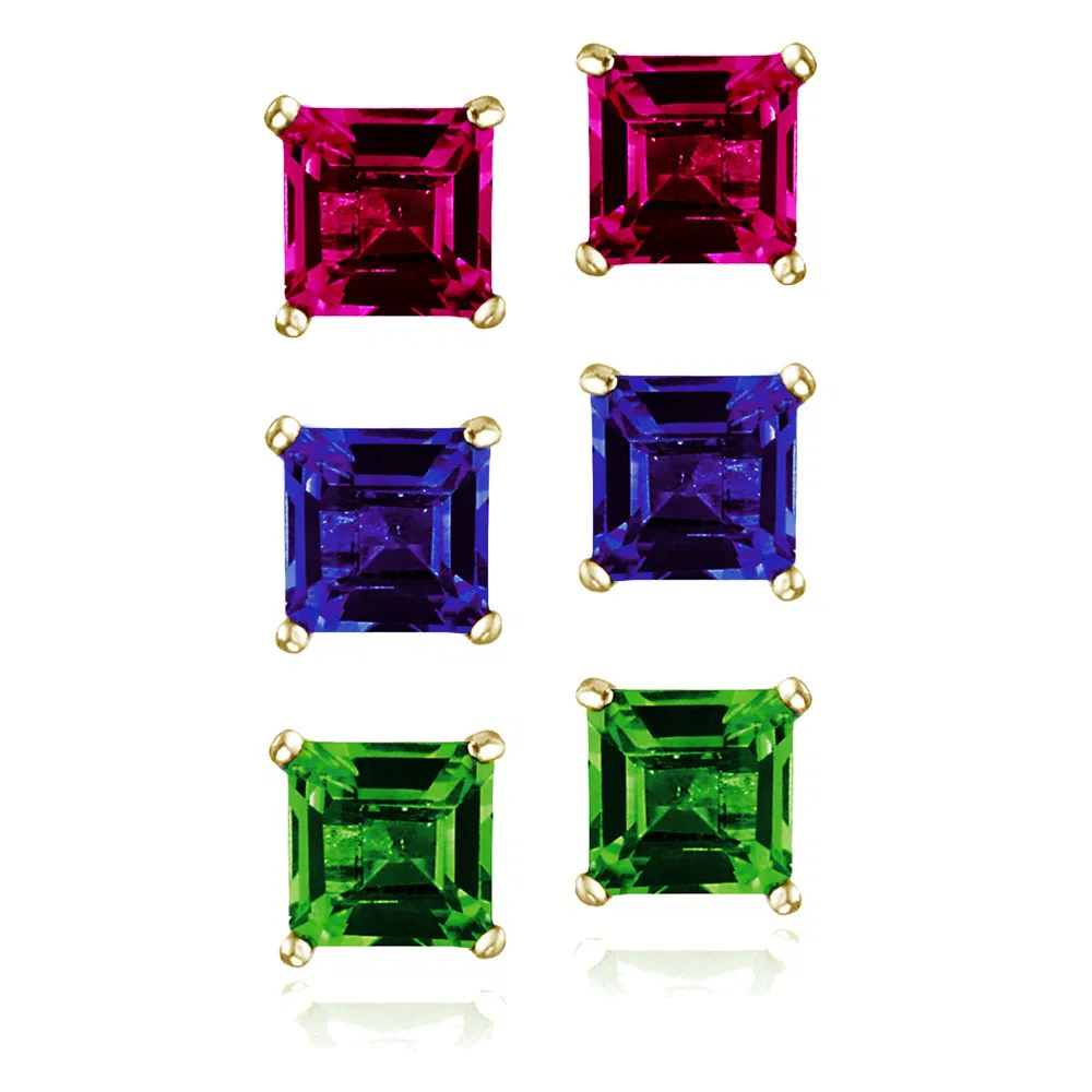 Goldton über Sterling Silber 3ct geschaffen Edelsteine Square Stud Ohrringe, Satz von 3