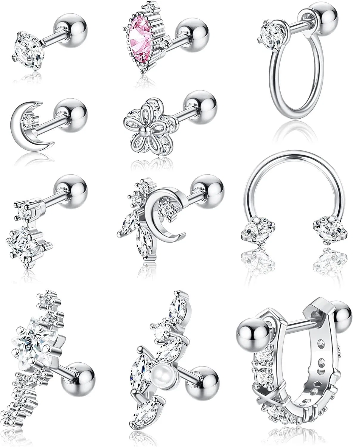 16G Knorpel-Stapel - Ohrringe für Frauen 316L Edelstahl-Knorpel - Ohrringe Stud Hoop CZ-Ohrringe Conch Forward Helix Tragus Daith Piercing 11Pcs