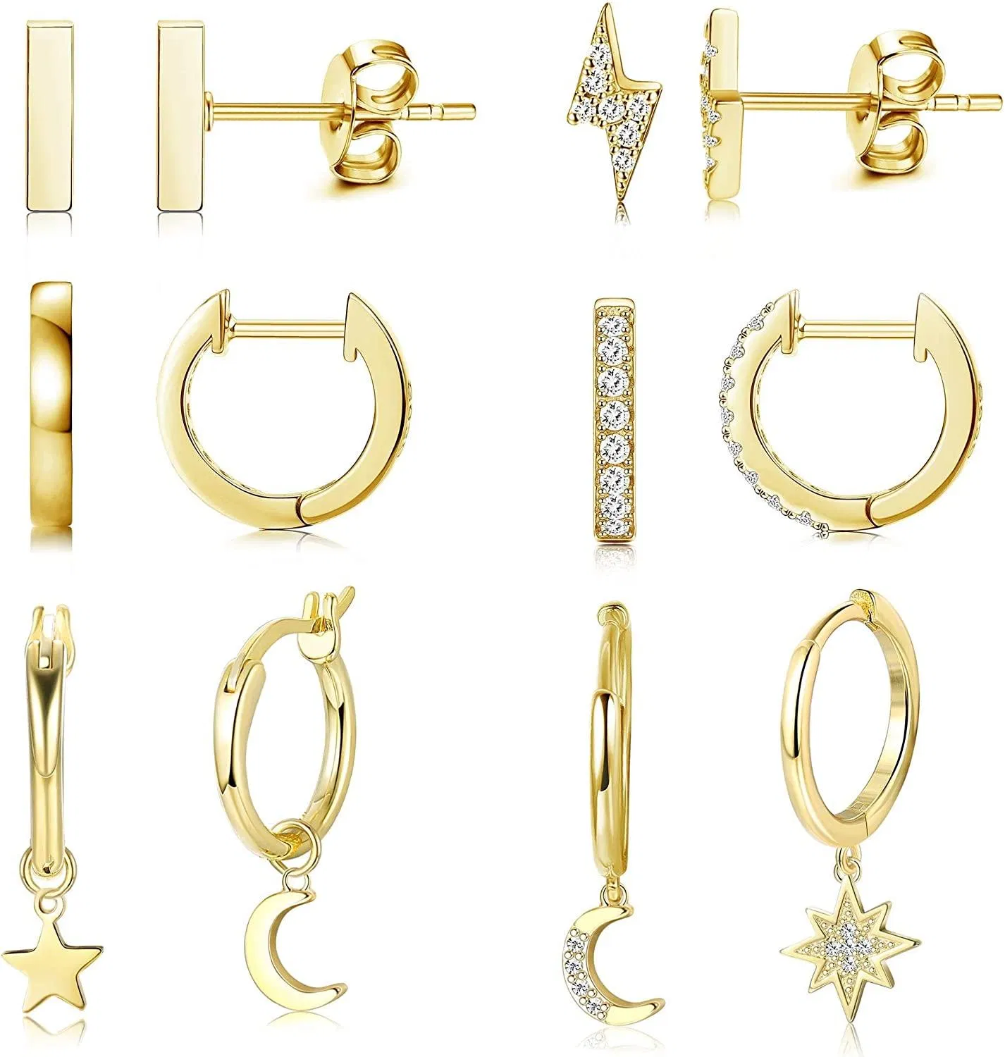 6 Paare Moon Star Dangle Hoop Ohrringe für Frauen Mädchen Mini Bar Stud Ohrringe Set Small Huggie Hoop Ohrringe Lightning Bolt Cubic Zirkonia Ohrringe - Ton Gold-Ton
