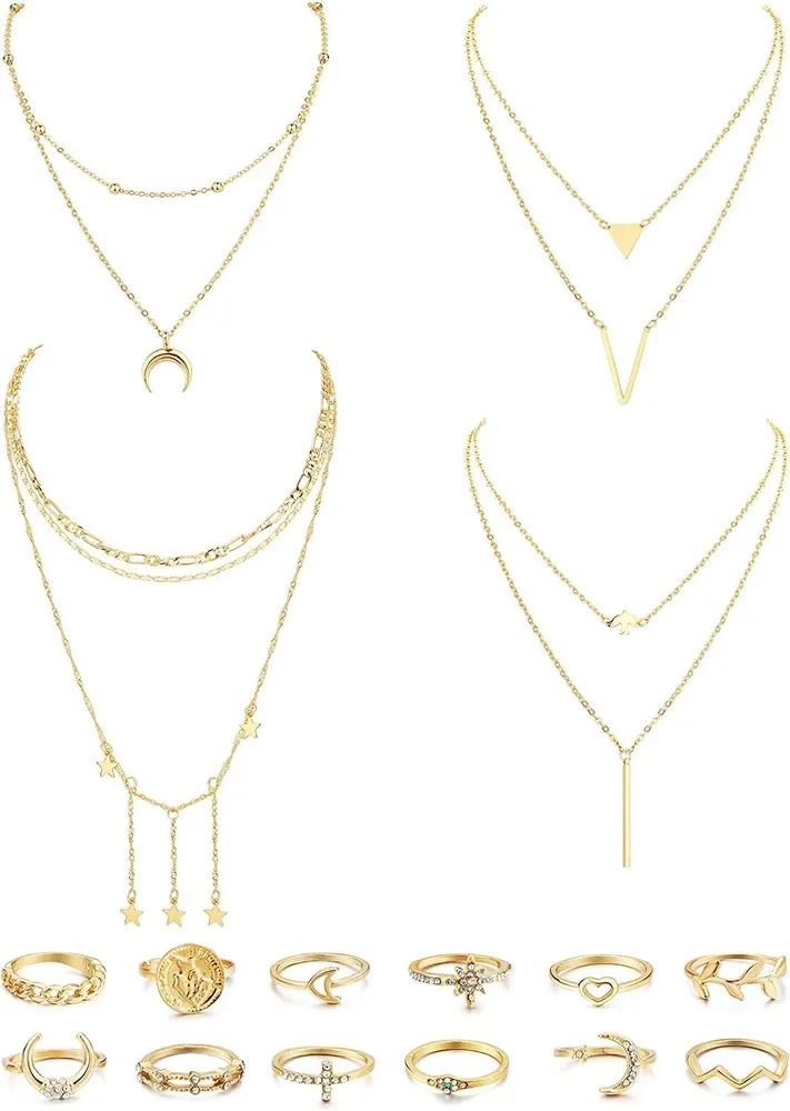 16 Stück mehrere DIY-Schicht Choker Halskette Ringe Set für Frauen mit sexy Münze Mond-Stern Multilayer Choker Kette Y-Halskette Set verstellbare Bar Anhänger Halskette Sets