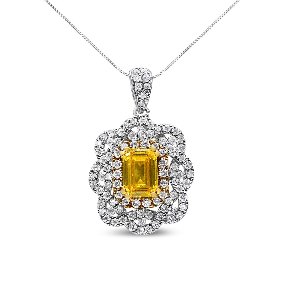 18 Karat Gelb und Weißgold 1,75 Cttw Diamant Lab gewachsen behandelt gelbe Smaragd Zentrum Diamant Halo 18