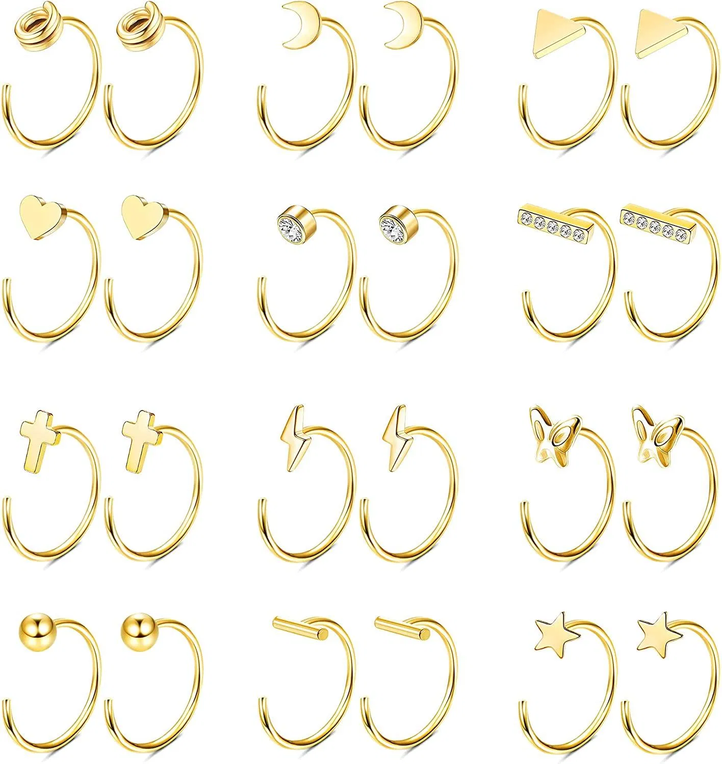 12 Paare Half Hoop Ohrringe Edelknorpel Piercing Ohrringe Star Moon Butterfly Heart Minimalist Mini Huggie Ohrringe Tiny Nose Ring Hoop für Frauen Männer