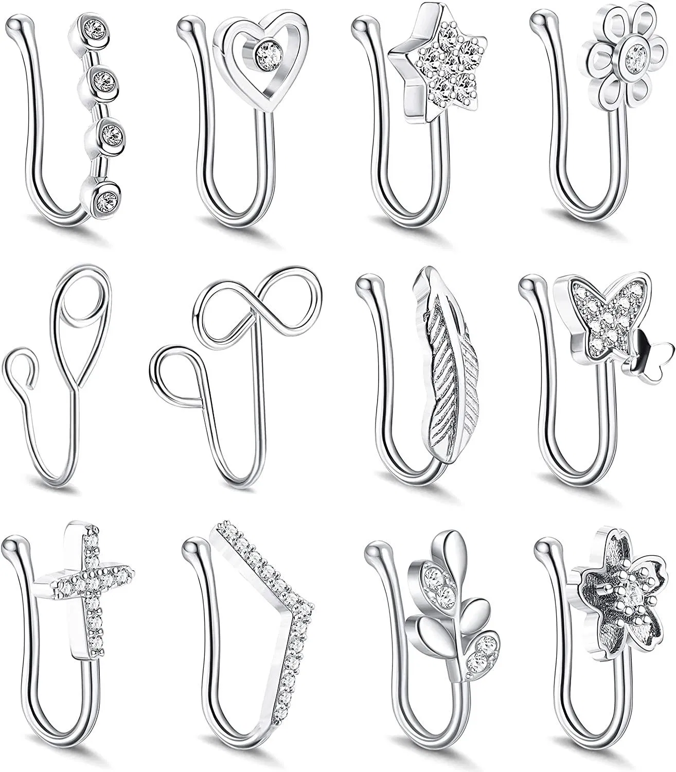 12pcs Falsche Nase Ring Schleife; Nasen Manschette für nicht durchdrungen für Frauen Männer; Afrikanische Nasen Manschette Faux Septum Nasen Piercing CZ-Schleife Ringe Clip On