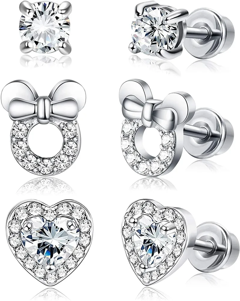 3 Paare Screwback Ohrringe für Frauen Herz CZ Stud Edelstahl Ohrringe Set