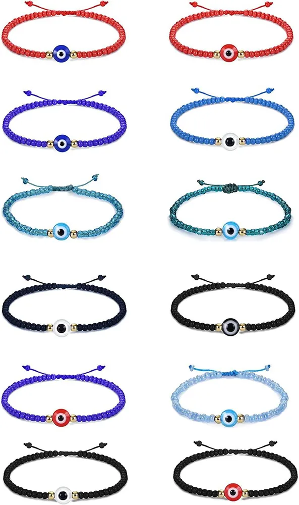 12pcs farbenfrohe Perlen böse Augen Armbänder für Frauen Männer handgemacht schwarz rot verstellbares Ojo Armbänder Glück Schutz Armbänder Geschenk für Freunde Familie