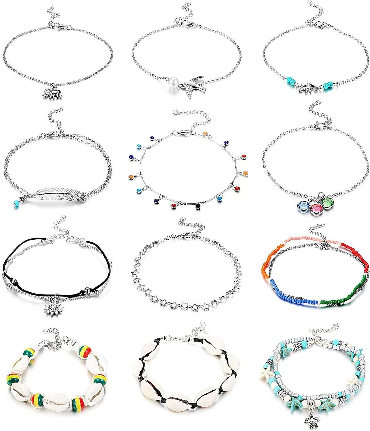 12PCS Knöchel-Armbänder für Frauen Knöchelketten Armbänder Fuß Set; Länge 8 '~ 9' mit 2 'Extender-Kette