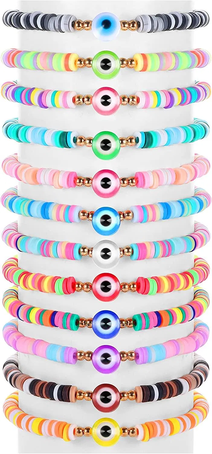 12 Stück Evil Eye Mexikanische Armbänder für Frauen einstellbar süßer Brief Perlen Heishi Armband Handgemacht farbenfrohe Ojo Evil Eye Armband Set
