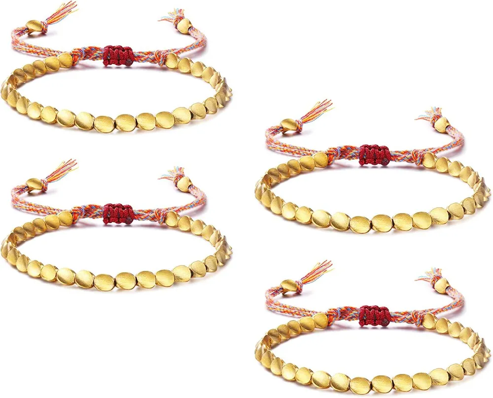 4 Stück tibetisches Kupfer Perlen Armband Glückseil Armband Handgemacht Buddhist geflochten Baumwoll Armbänder einstellbares Freundschaft Armband Geschenk für Freunde