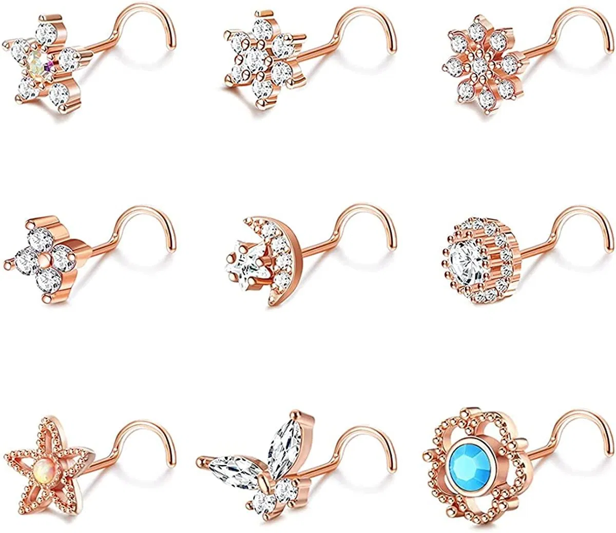 9pcs 20G Nasenringe Studs für Frauen Edelstahl Nasenringe L-förmige Nasen Studs Schraube Nasenringe CZ Schmetterling Mond Stern Blume Nasen Piercing Ring