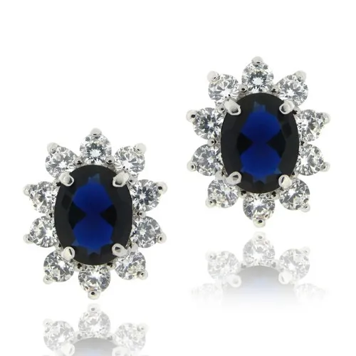 Sterling Silver Blue & Clear CZ Oval Ohrringe