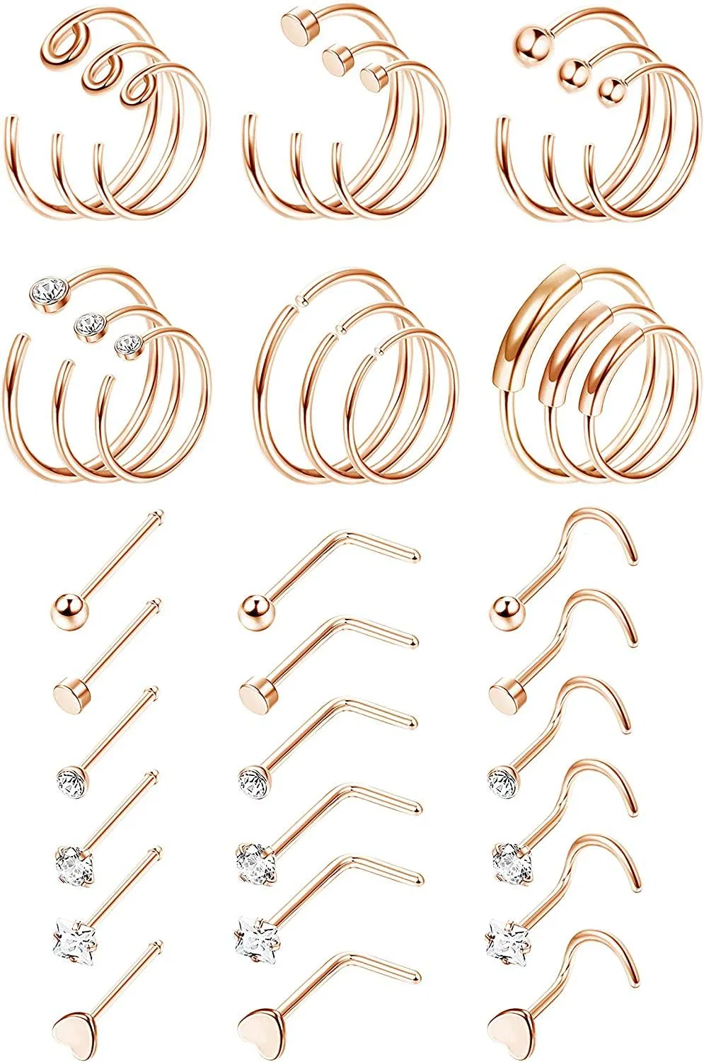 36Pcs 20G chirurgische Stud Hoop Nasenringe für Frauen Männer L Knochen-Schraube geformt CZ Tragus Knorpel Retention Labret Nasen Piercing