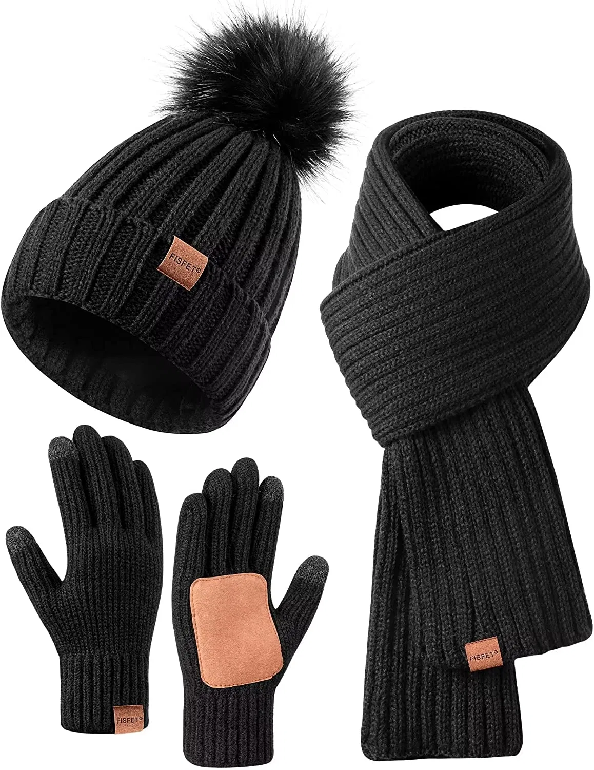 Winter Beanie Hut Schal Handschuhe Set für Frauen; Damen Beanie mit Pom Pom langen Schal Hals warmer Touchscreen Handschuhe 3 in 1 Set