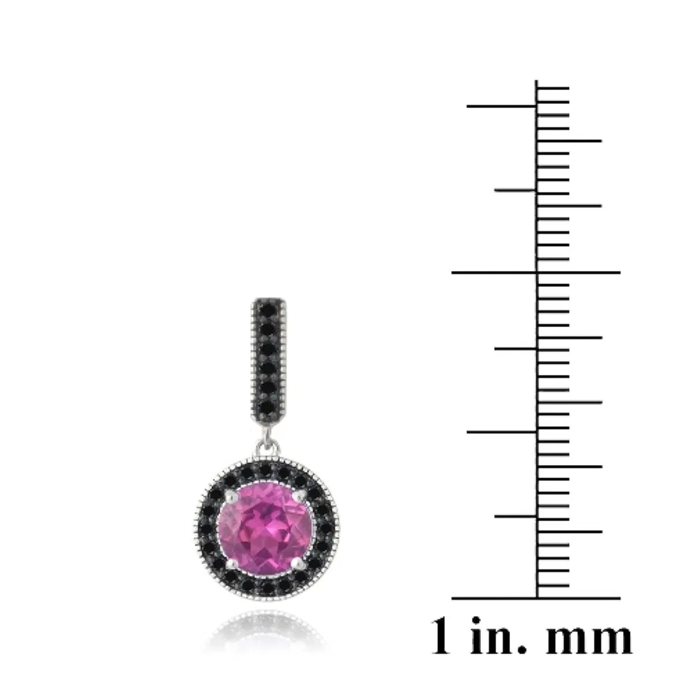 Sterling Silver 3,4ct geschaffen Pink Sapphire & Black Spinel Round Dangle Ohrringe